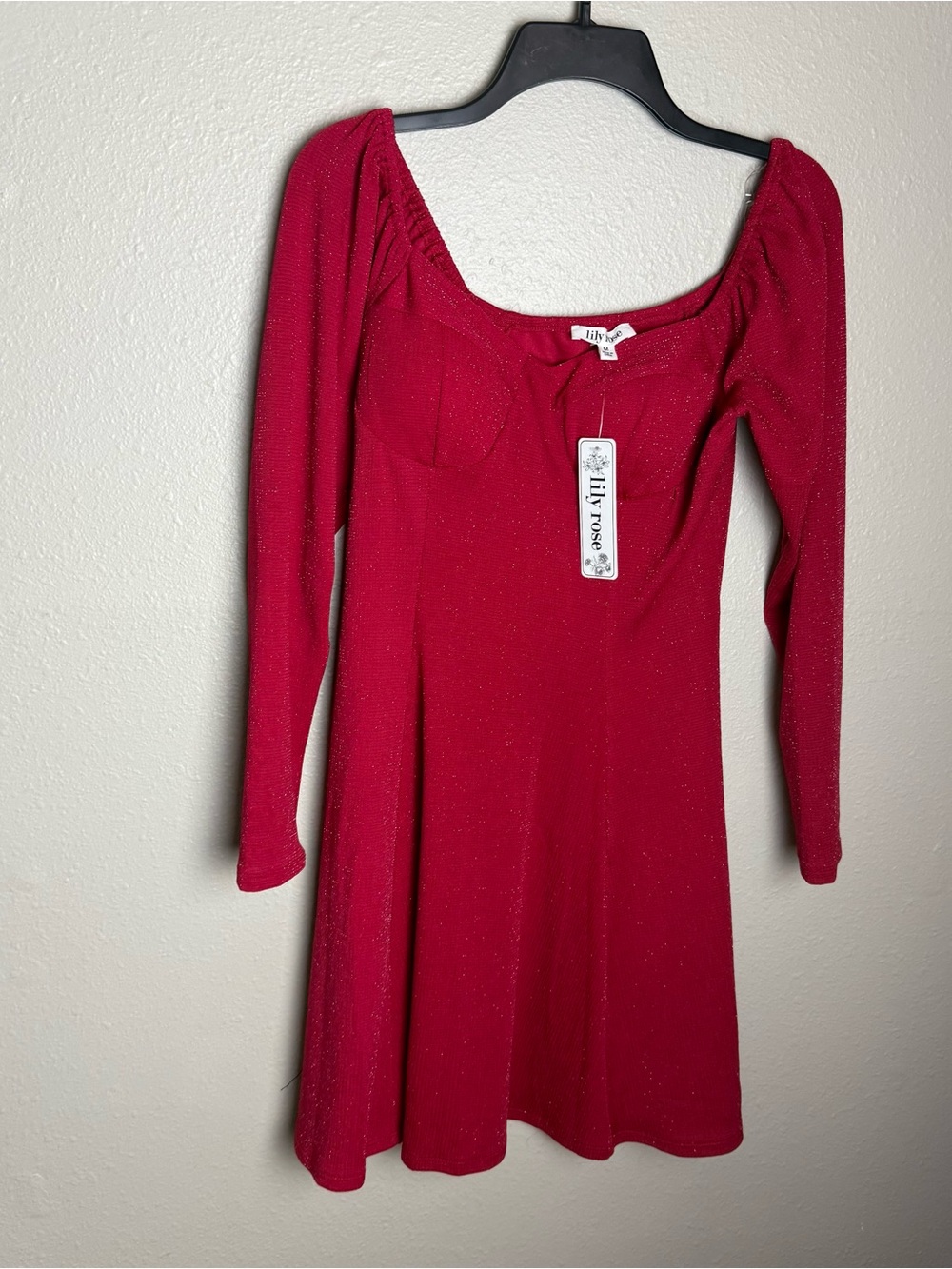 Lily Rose Sparkling Burgundy-Red Long Sleeve Scoop Dress